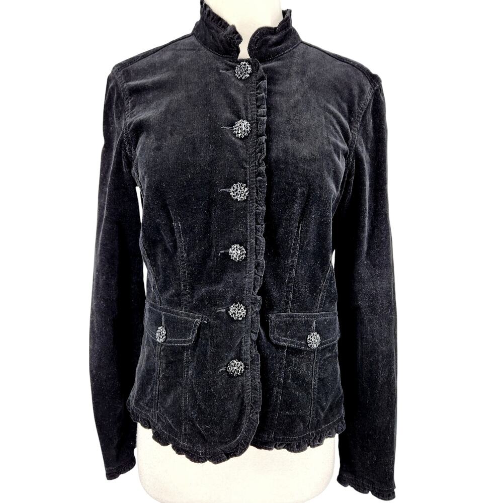 SALE Dressbarn Black Corduroy Jacket Ruffle Trim Beaded Buttons Size Small